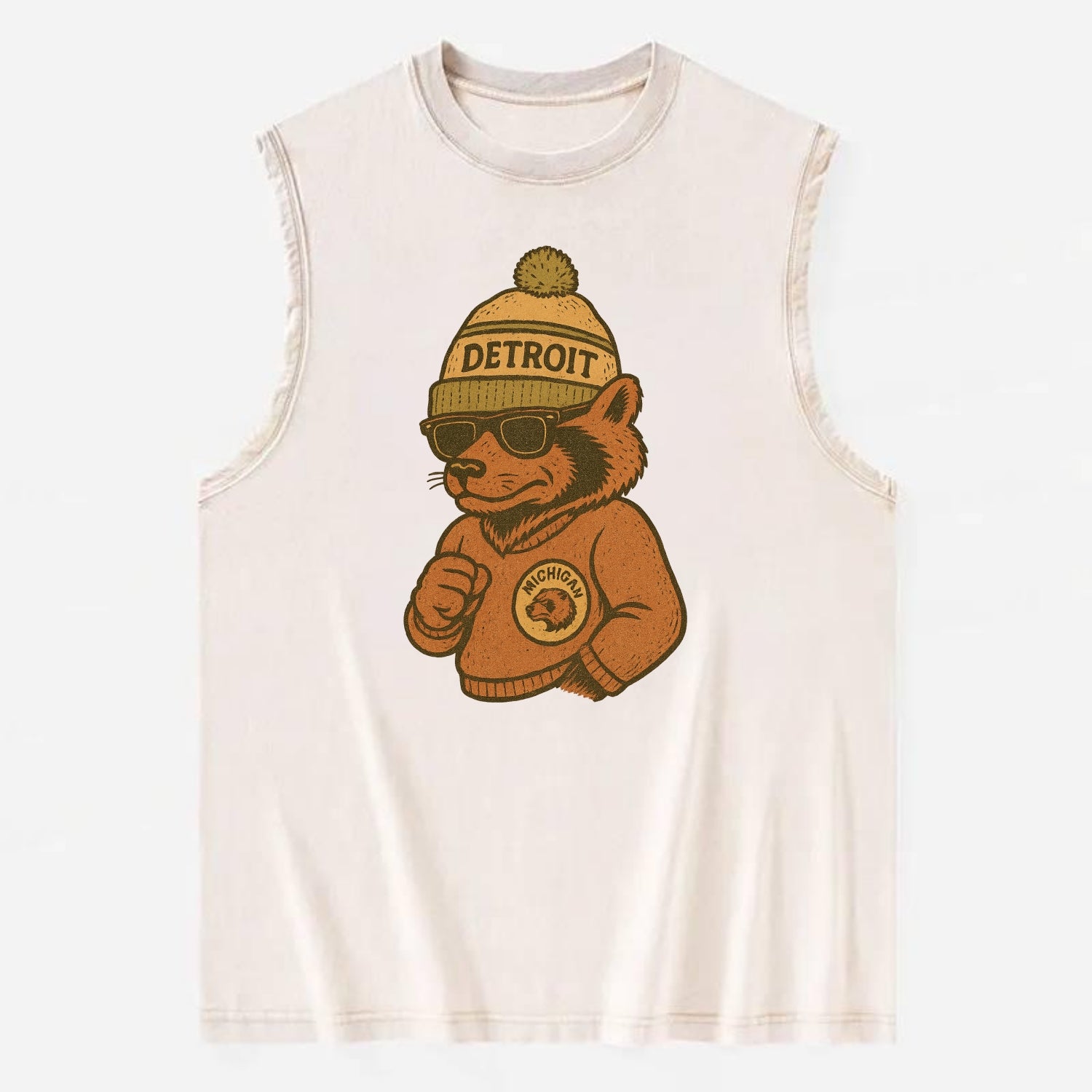 Michigan Wolverine wearing Detroit beanie with pom pom and wayfarer sunglasses - Vintage Washed Tank - Beige