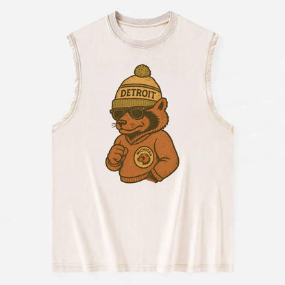 Michigan Wolverine wearing Detroit beanie with pom pom and wayfarer sunglasses - Vintage Washed Tank - Beige