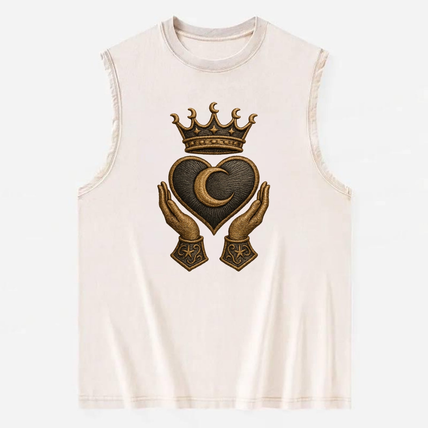 Moonlit crescent crown cradling a hematite heart with stargazer hands cupped - Vintage Washed Tank - Beige
