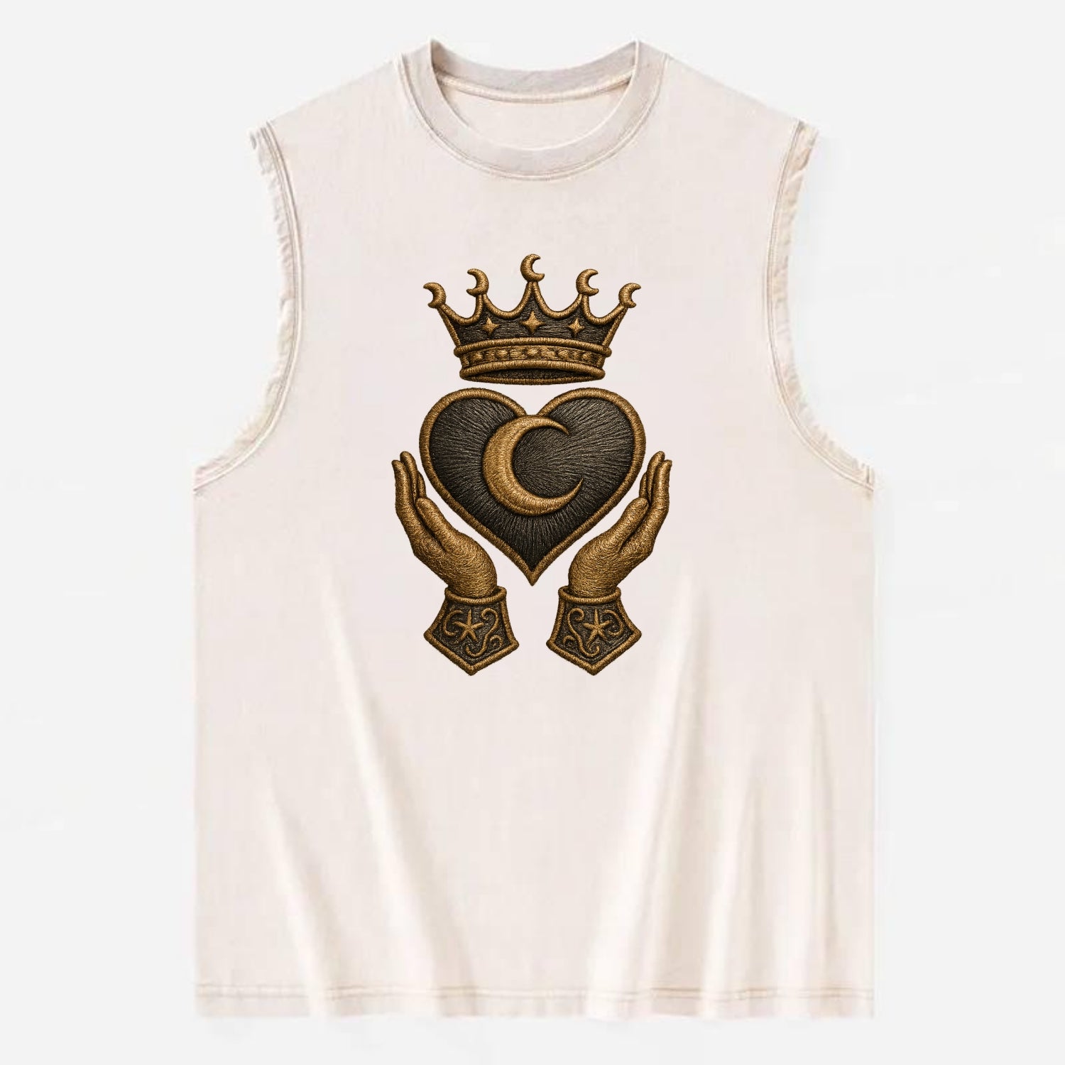 Moonlit crescent crown cradling a hematite heart with stargazer hands cupped - Vintage Washed Tank - Beige