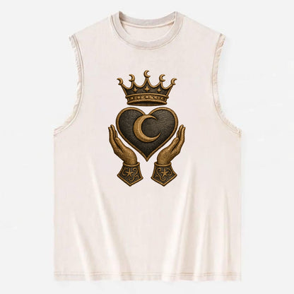 Moonlit crescent crown cradling a hematite heart with stargazer hands cupped - Vintage Washed Tank - Beige