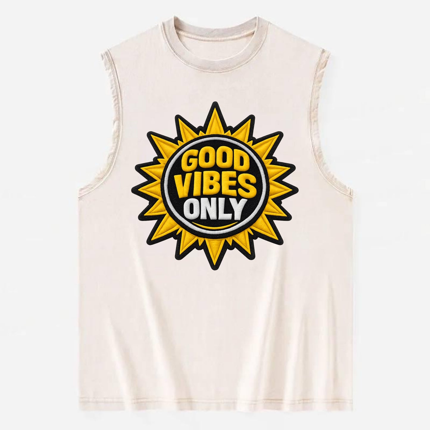 GOOD VIBES ONLY - sun with text in yellow , positive energy - Vintage Washed Tank - Beige