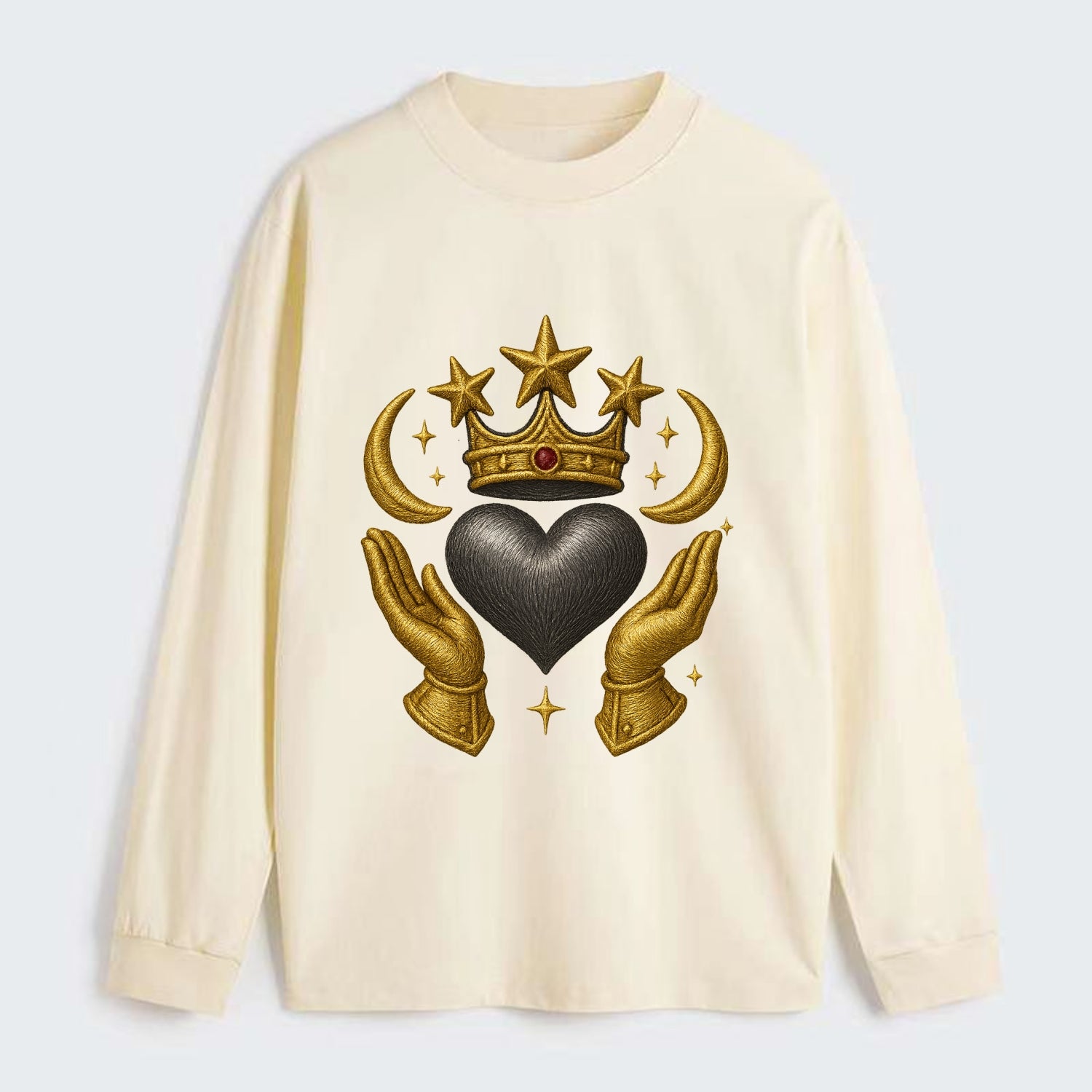 Sun goddess crown radiating golden rays over a midnight heart with - Classic Long Sleeve Shirt - Beige