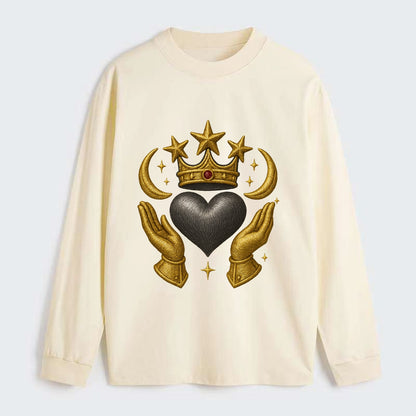 Sun goddess crown radiating golden rays over a midnight heart with - Classic Long Sleeve Shirt - Beige