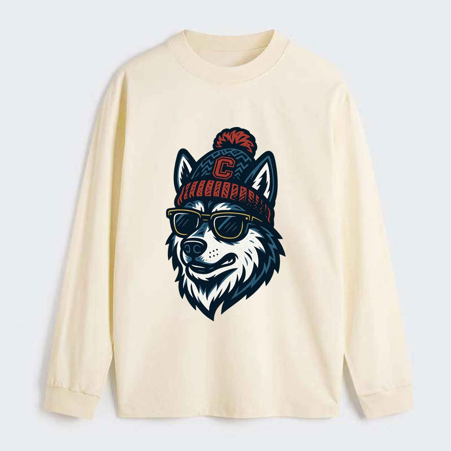 Storrs Husky wearing UConn beanie with C patch - Classic Long Sleeve Shirt - Beige
