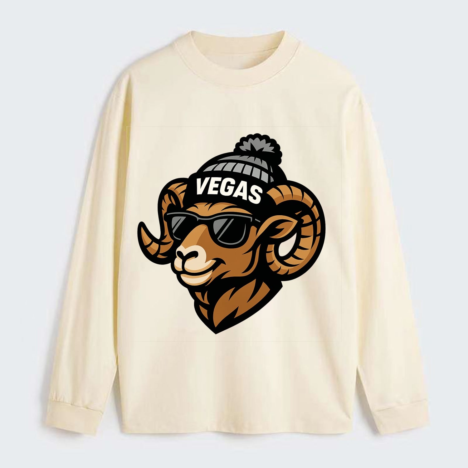 Vegas Desert Bighorn wearing Raiders silver and black beanie with pom - Classic Long Sleeve Shirt - Beige