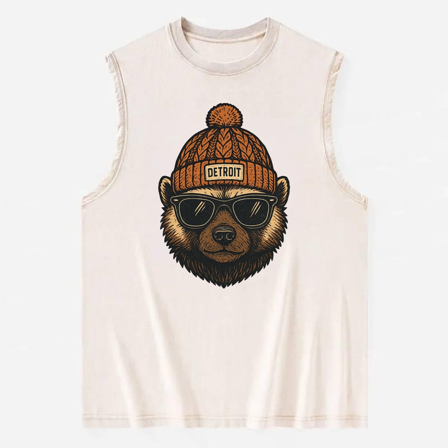 Detroit Wolverine wearing Detroit beanie with pom pom and wayfarer sunglasses - Vintage Washed Tank - Beige