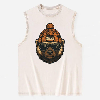 Detroit Wolverine wearing Detroit beanie with pom pom and wayfarer sunglasses - Vintage Washed Tank - Beige
