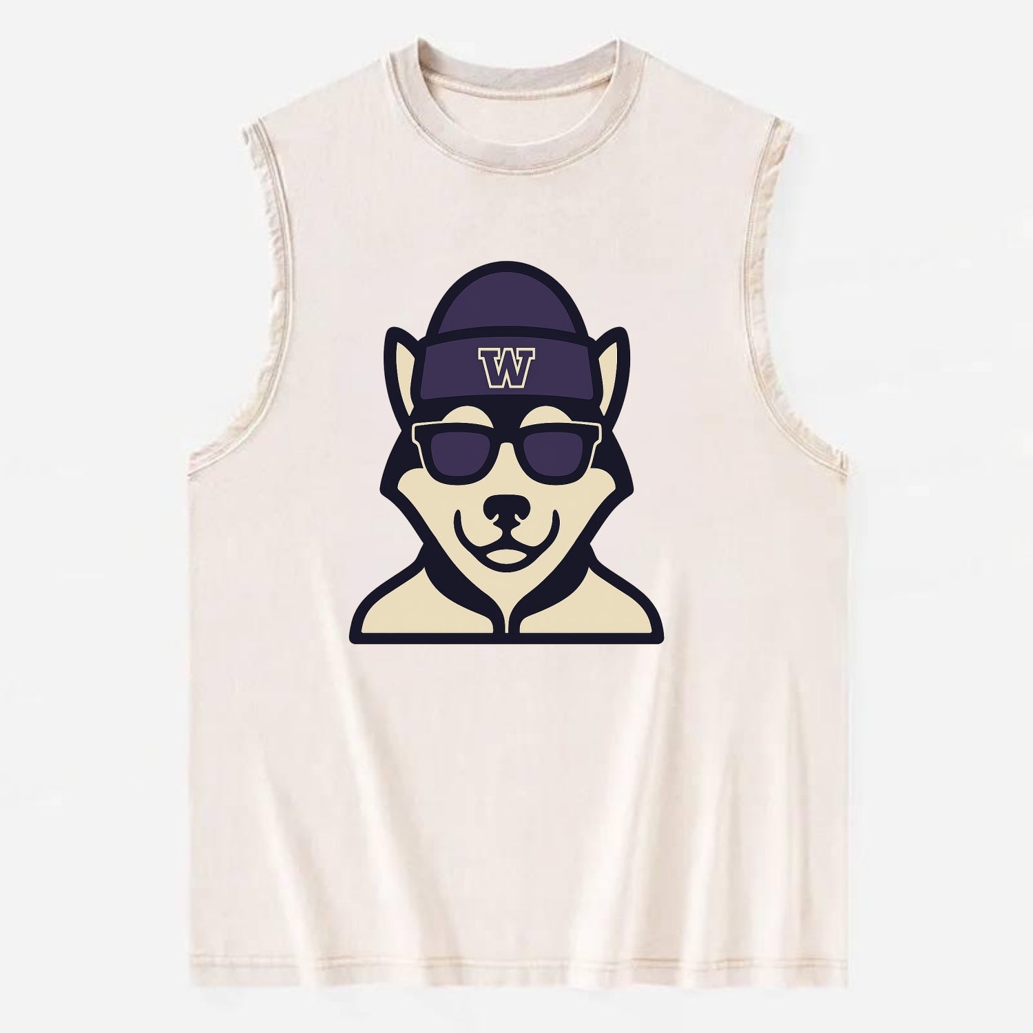 Seattle Husky wearing Washington beanie with W patch - Vintage Washed Tank - Beige