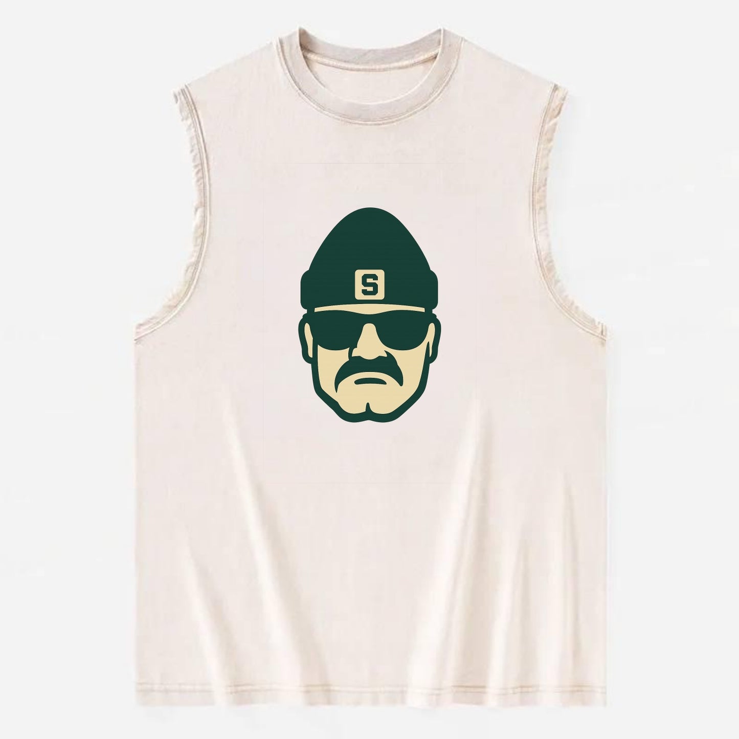 East Lansing Spartan wearing Michigan State beanie with S patch - Vintage Washed Tank - Beige