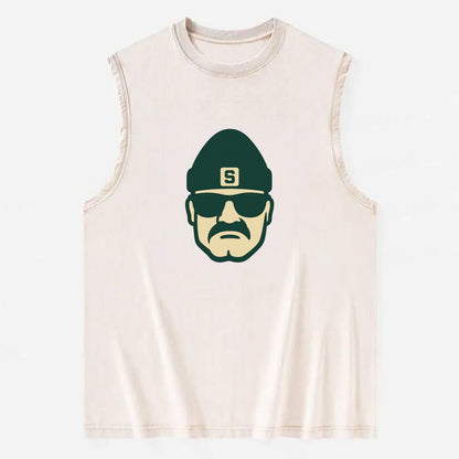 East Lansing Spartan wearing Michigan State beanie with S patch - Vintage Washed Tank - Beige