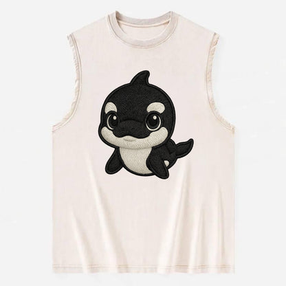 Baby Orca - black and white pattern, white eye patch, front-facing, curious - Vintage Washed Tank - Beige