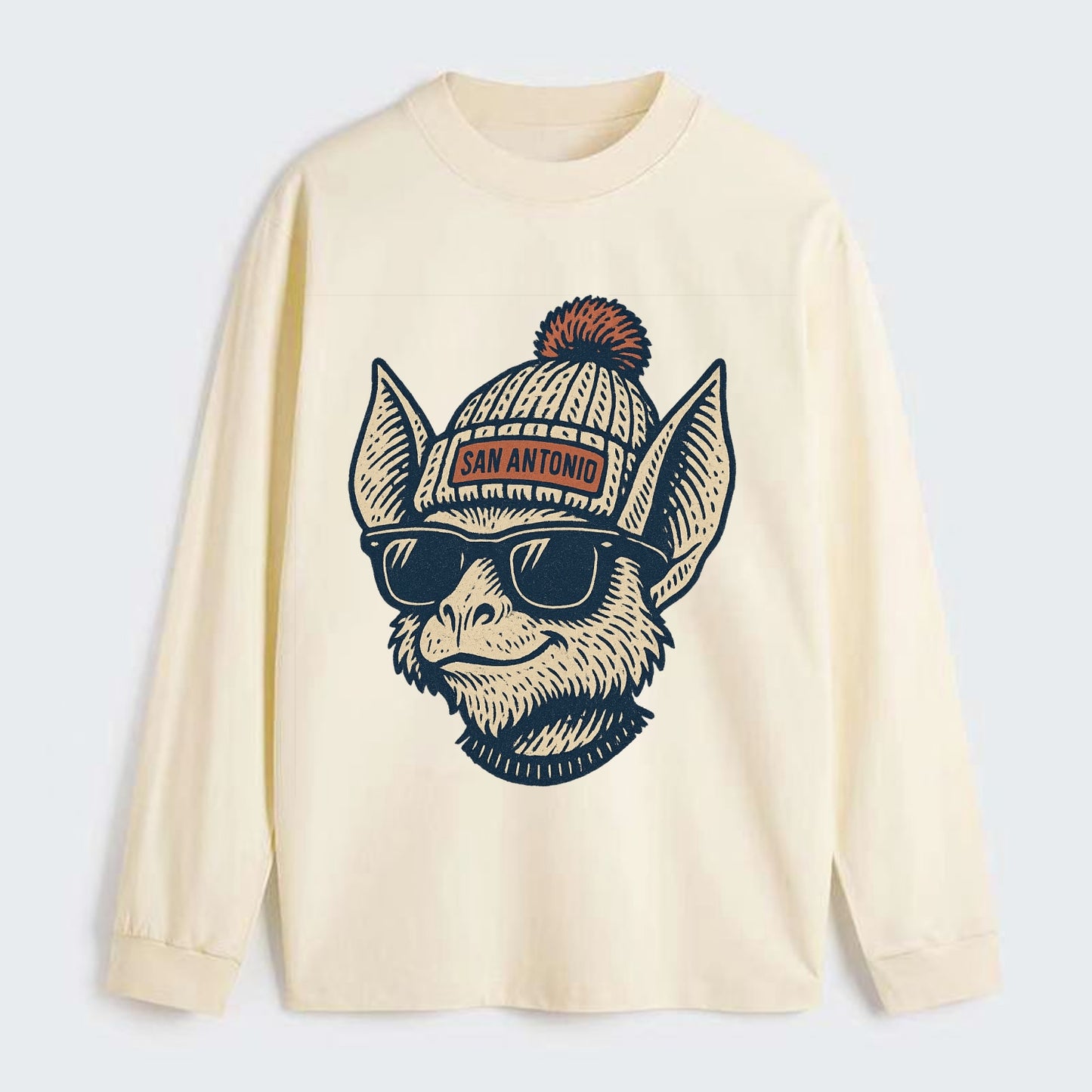 San Antonio Bat wearing San Antonio beanie with pom pom and wayfarer - Classic Long Sleeve Shirt - Beige