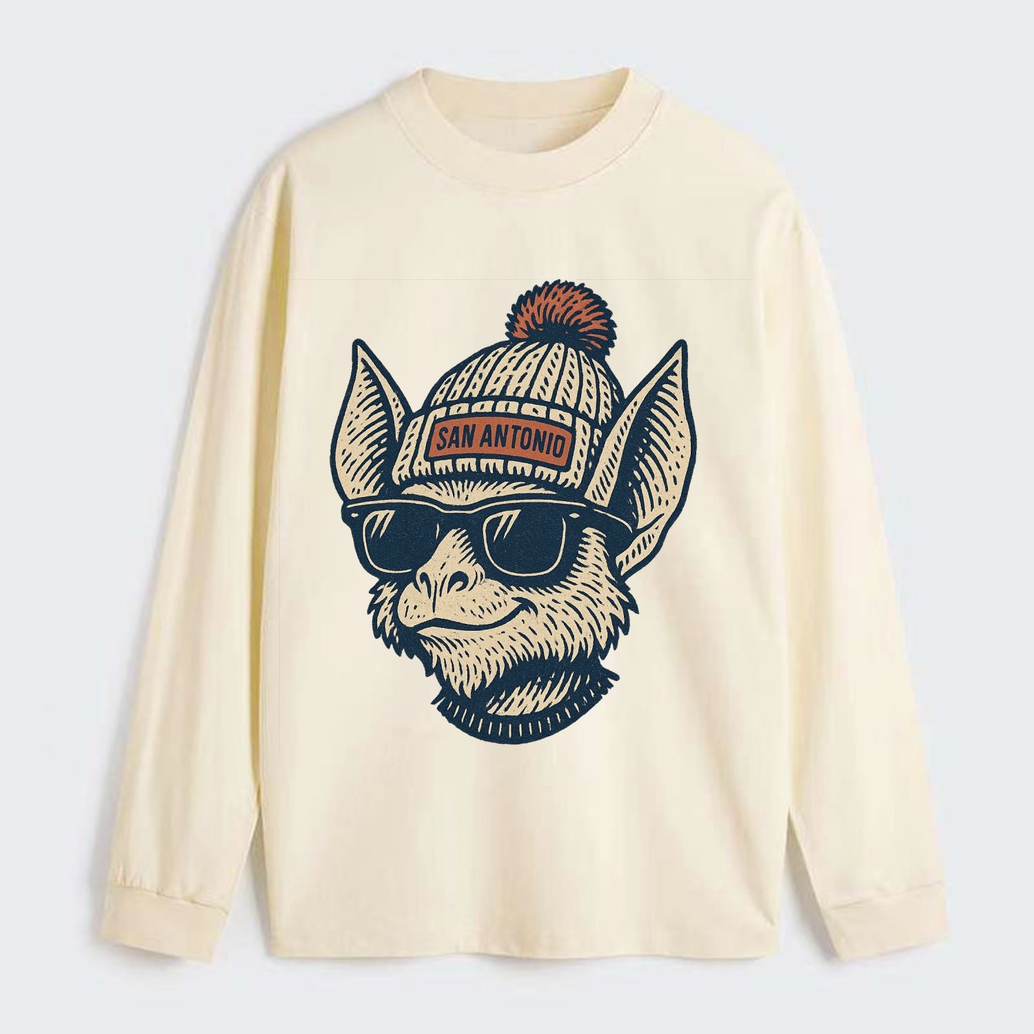 San Antonio Bat wearing San Antonio beanie with pom pom and wayfarer - Classic Long Sleeve Shirt - Beige