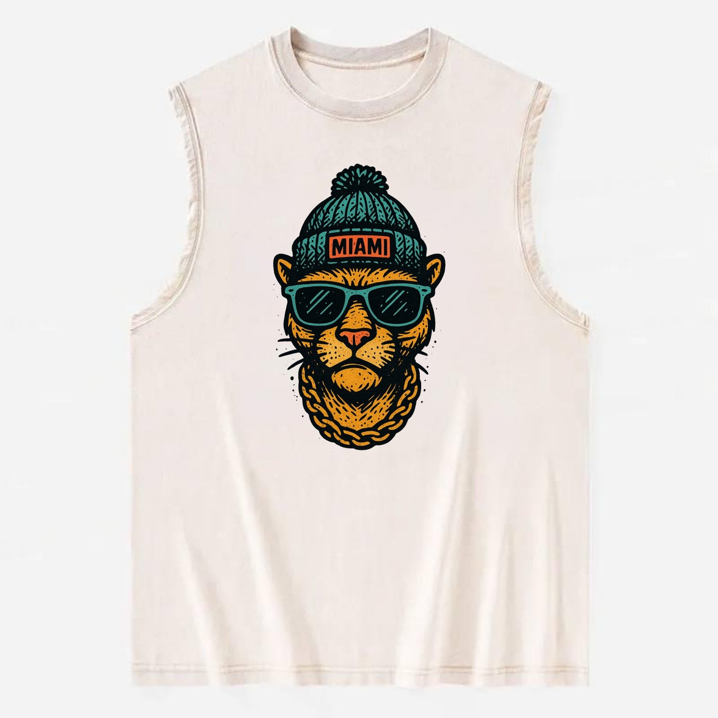 Florida Panther wearing Miami beanie with pom pom and wayfarer sunglasses - Vintage Washed Tank - Beige