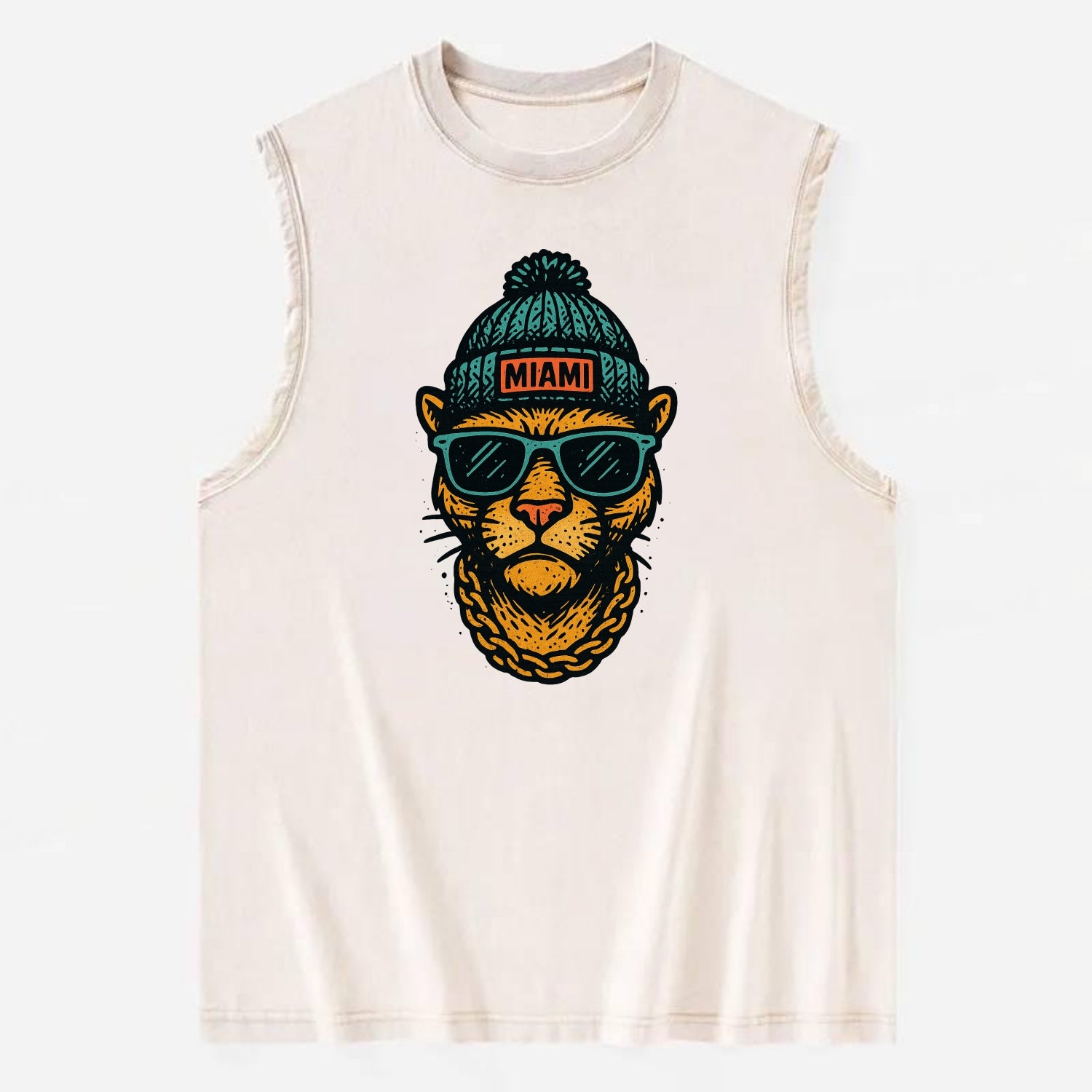 Florida Panther wearing Miami beanie with pom pom and wayfarer sunglasses - Vintage Washed Tank - Beige