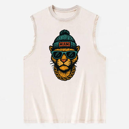 Florida Panther wearing Miami beanie with pom pom and wayfarer sunglasses - Vintage Washed Tank - Beige
