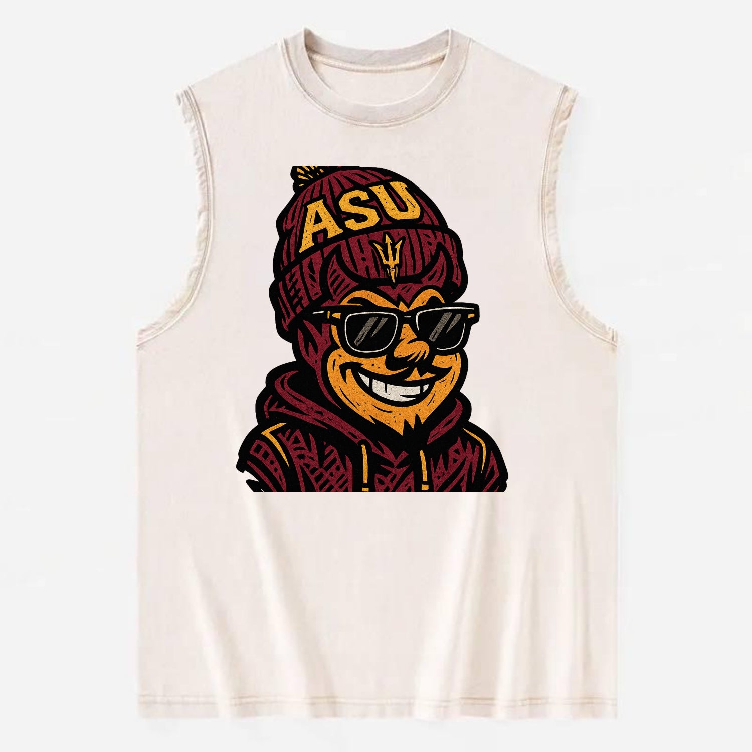 Tempe Sparky wearing Arizona State beanie with fork patch - Vintage Washed Tank - Beige