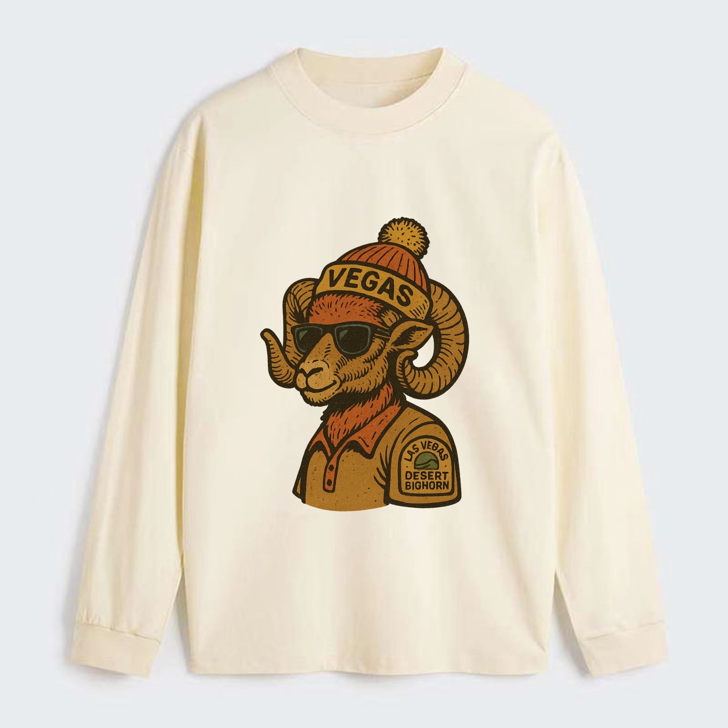 Las Vegas Desert Bighorn wearing Vegas beanie with pom pom and wayfarer - Classic Long Sleeve Shirt - Beige
