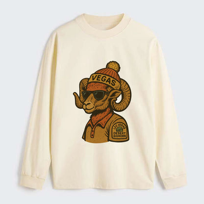 Las Vegas Desert Bighorn wearing Vegas beanie with pom pom and wayfarer - Classic Long Sleeve Shirt - Beige
