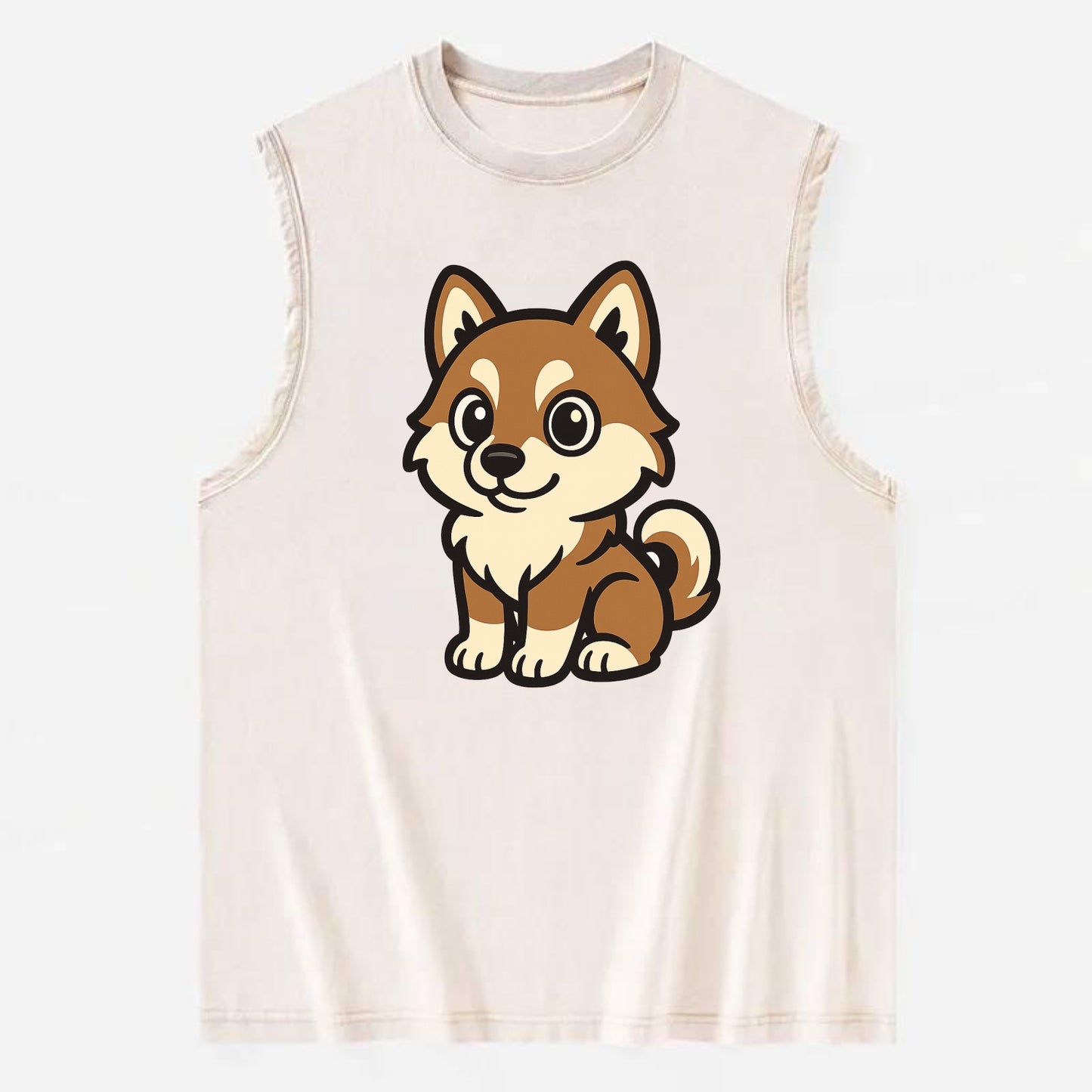 Pomsky - Pomeranian-Husky mix sitting pose - Vintage Washed Tank - Beige