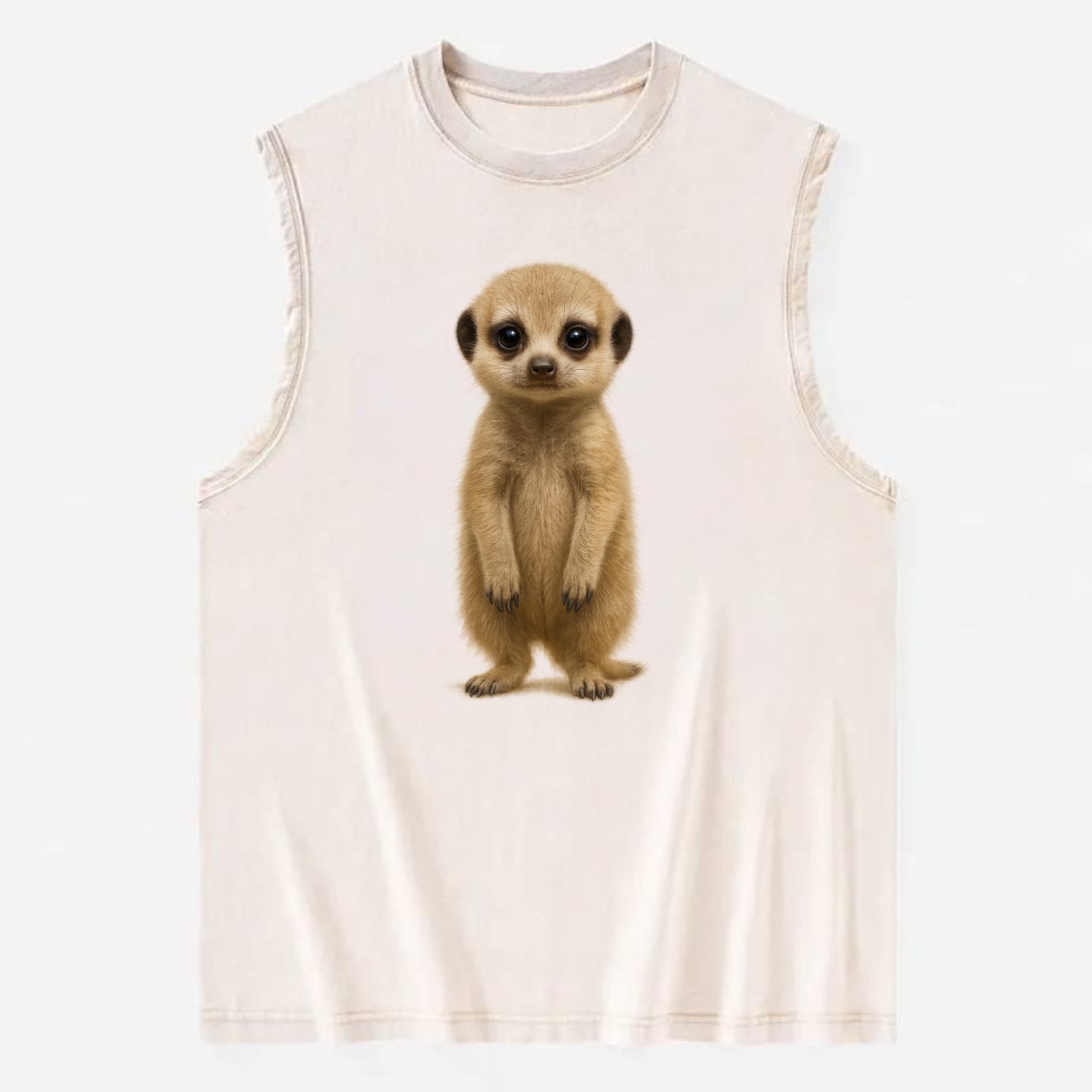 Baby Meerkat - tan fur, dark eye patches, alert stance, bright eyes, - Vintage Washed Tank - Beige
