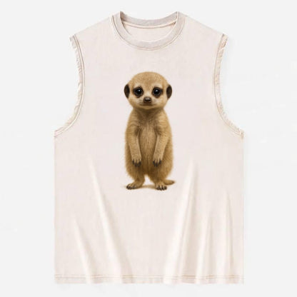 Baby Meerkat - tan fur, dark eye patches, alert stance, bright eyes, - Vintage Washed Tank - Beige