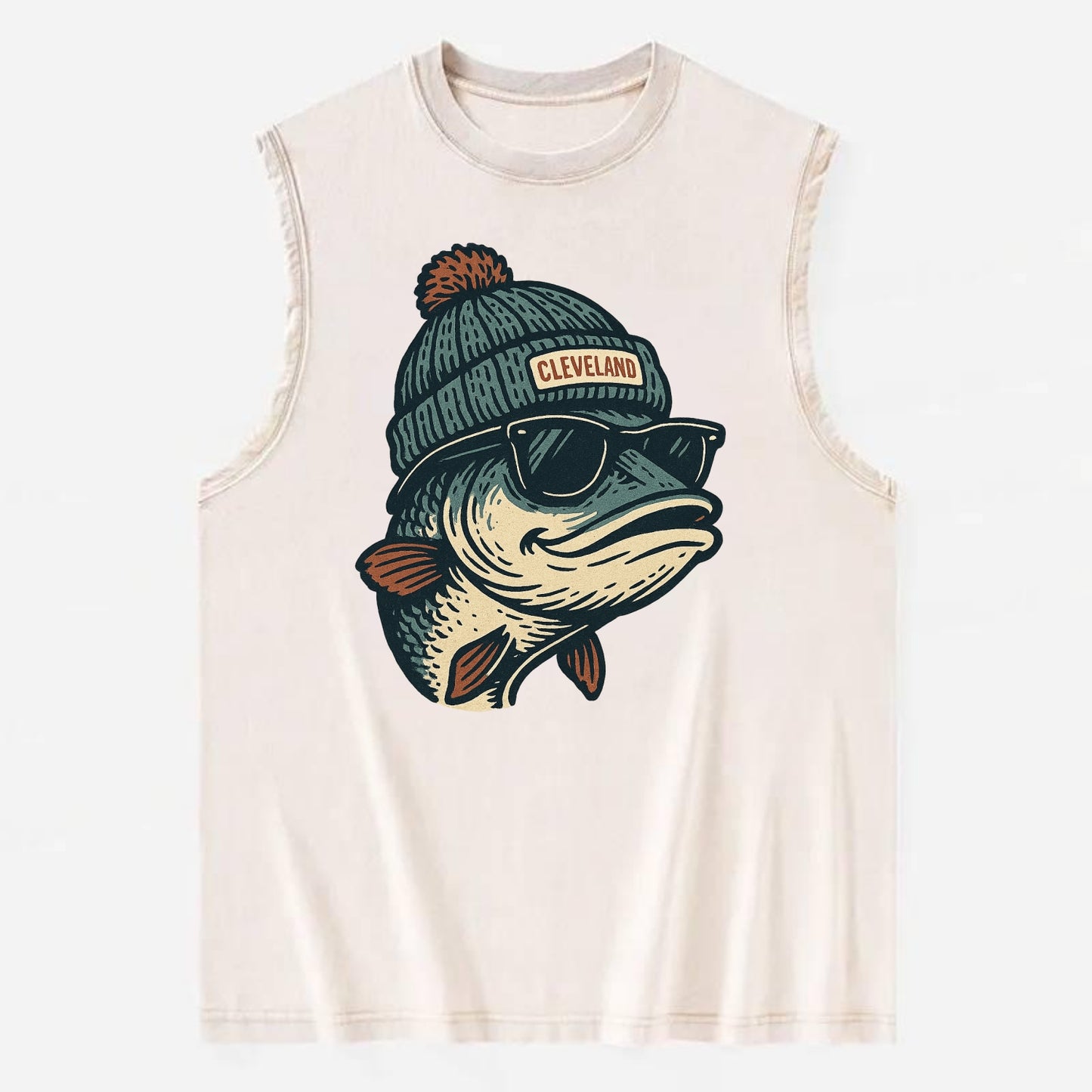 Cleveland Lake Erie Walleye wearing Cleveland beanie with pom pom and - Vintage Washed Tank - Beige