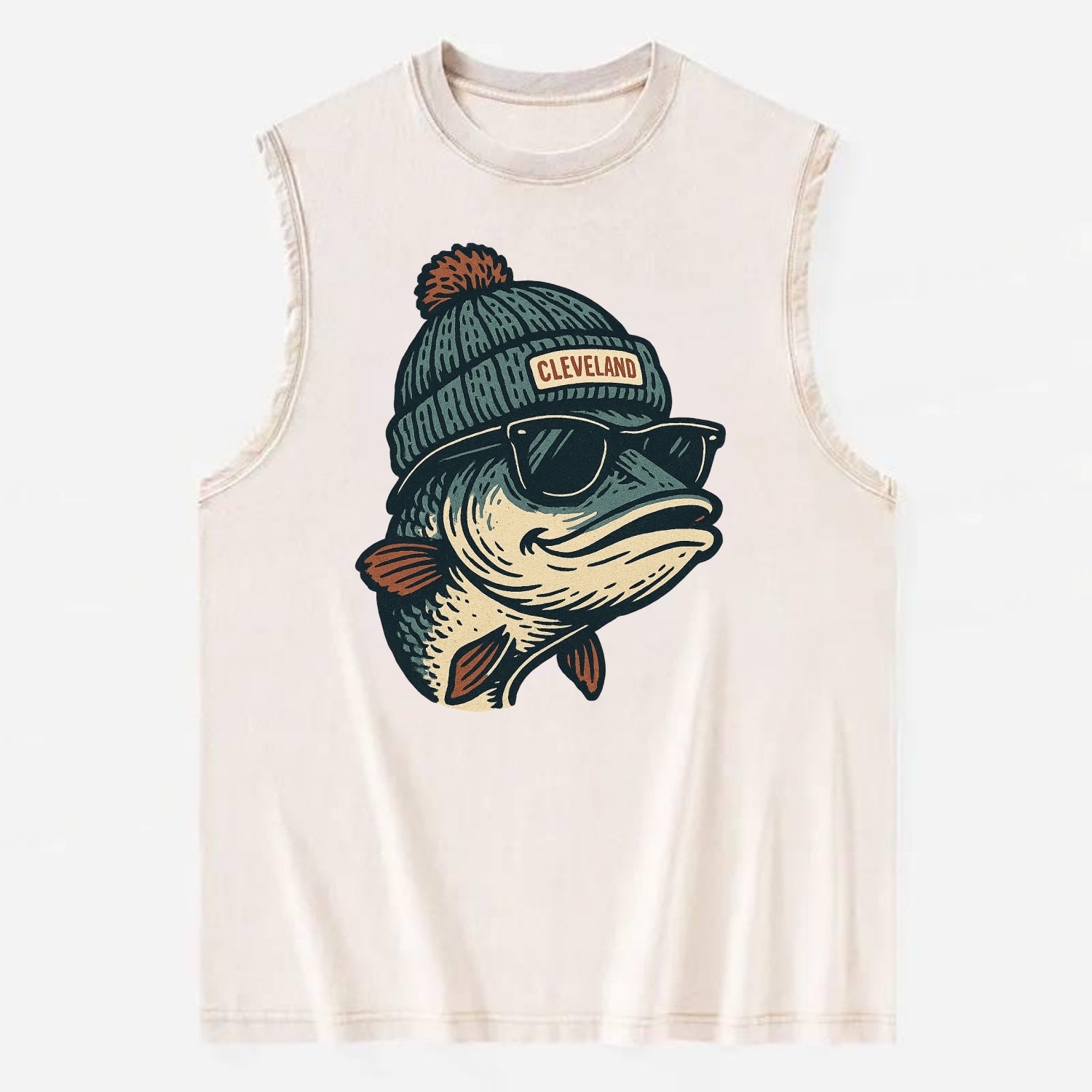 Cleveland Lake Erie Walleye wearing Cleveland beanie with pom pom and - Vintage Washed Tank - Beige