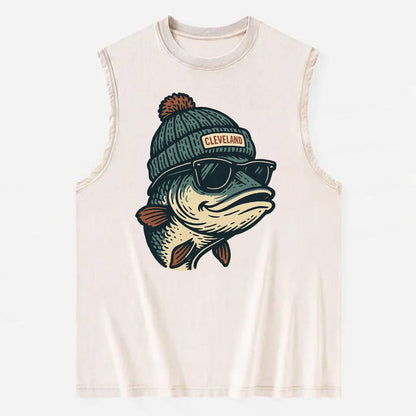 Cleveland Lake Erie Walleye wearing Cleveland beanie with pom pom and - Vintage Washed Tank - Beige