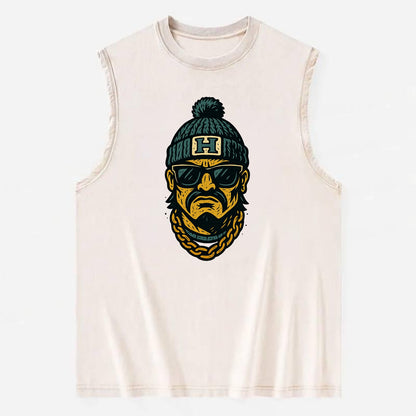 Honolulu Warrior wearing Hawaii beanie with H patch - Vintage Washed Tank - Beige