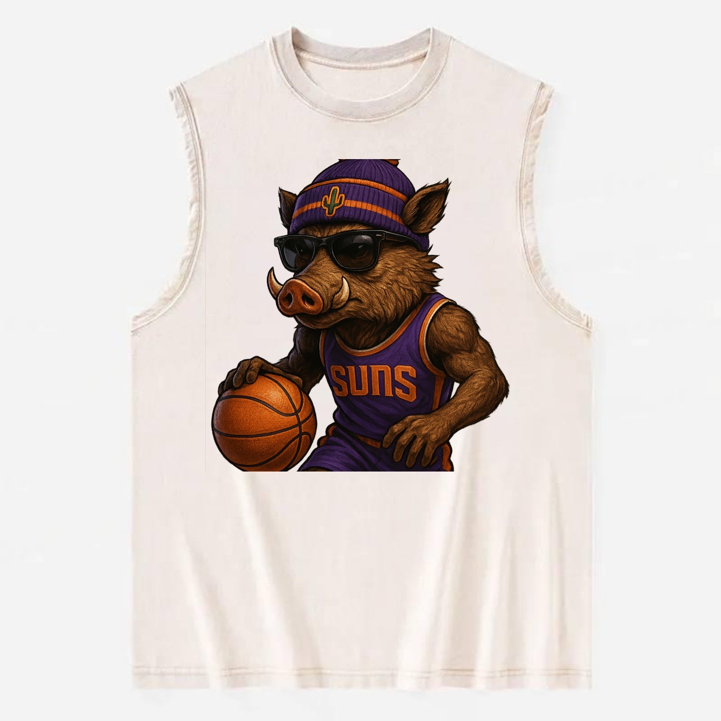 Phoenix Javelina wearing Suns beanie with cactus patch and wayfarer sunglasses - Vintage Washed Tank - Beige