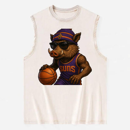 Phoenix Javelina wearing Suns beanie with cactus patch and wayfarer sunglasses - Vintage Washed Tank - Beige