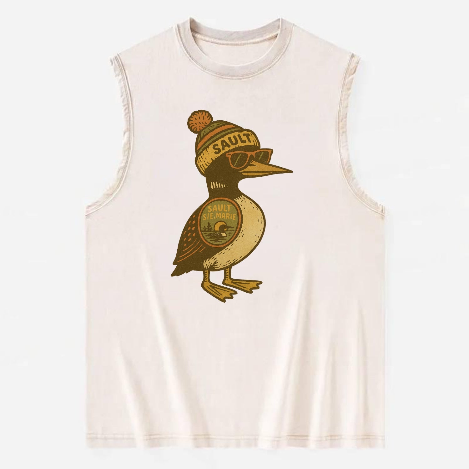Sault Ste Marie Loon wearing Sault beani - Vintage Washed Tank - Beige