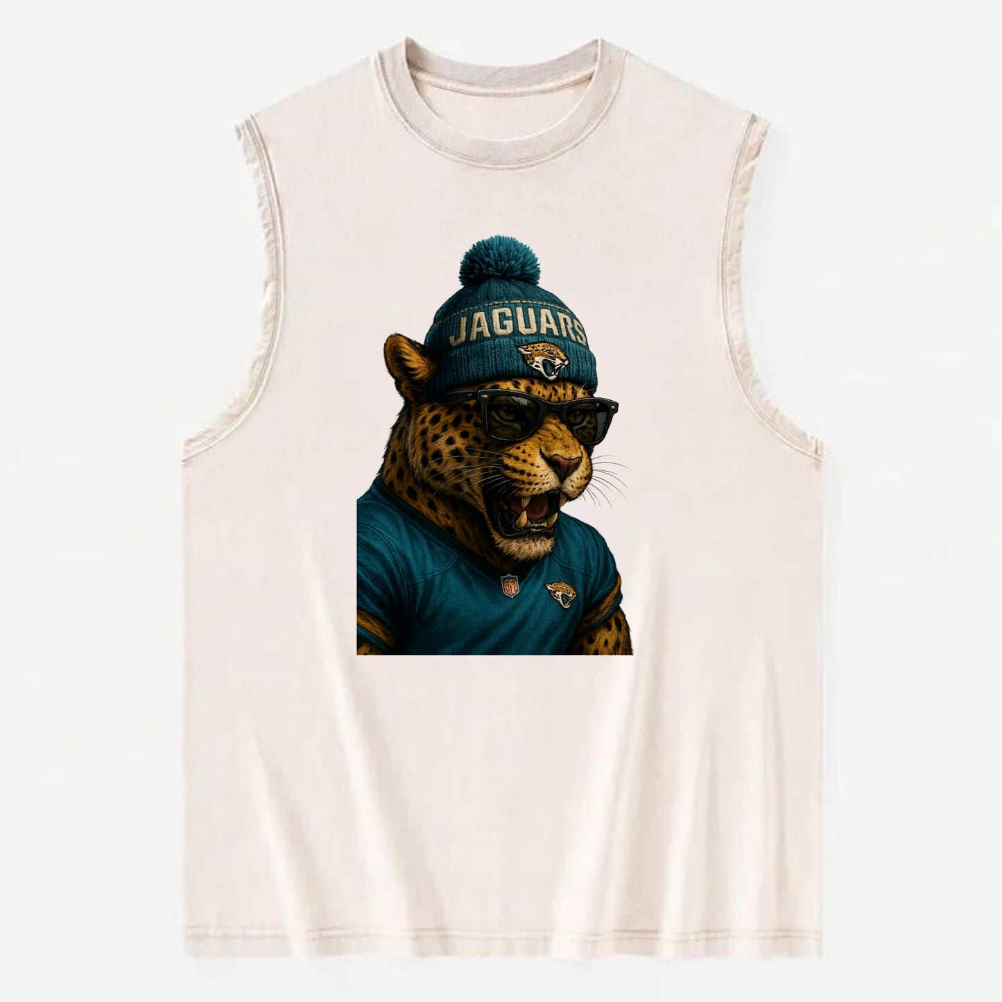 Jacksonville Jaguar wearing Jaguars teal and gold beanie with pom pom and - Vintage Washed Tank - Beige