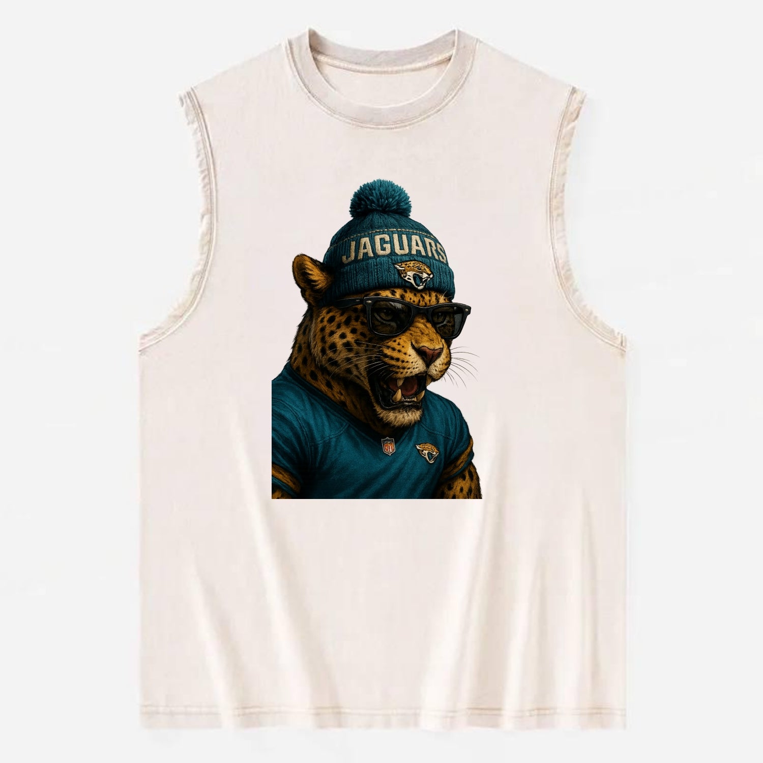 Jacksonville Jaguar wearing Jaguars teal and gold beanie with pom pom and - Vintage Washed Tank - Beige