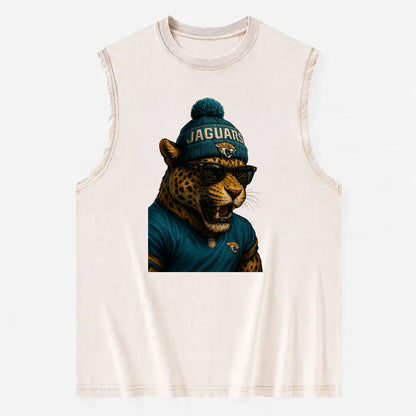 Jacksonville Jaguar wearing Jaguars teal and gold beanie with pom pom and - Vintage Washed Tank - Beige