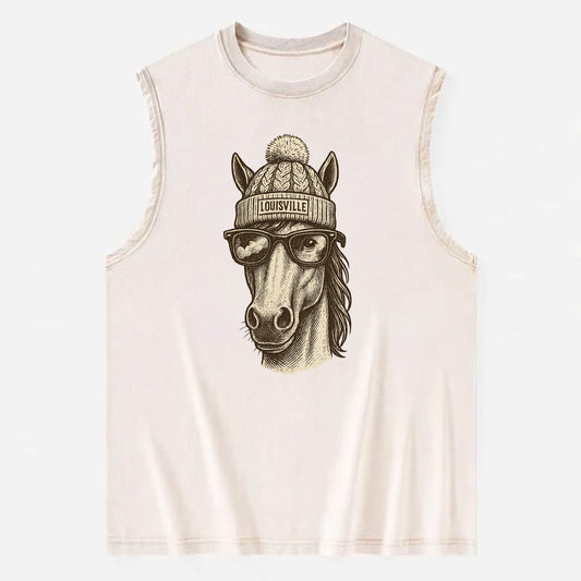 Kentucky Thoroughbred Horse wearing Louisville beanie with pom pom and - Vintage Washed Tank - Beige