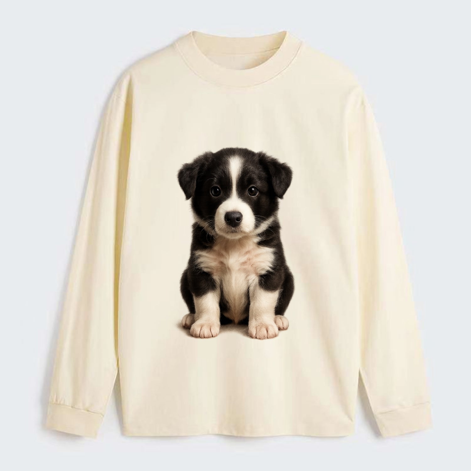 Baby Border Collie Puppy - black and white, intense smart eyes, - Classic Long Sleeve Shirt - Beige