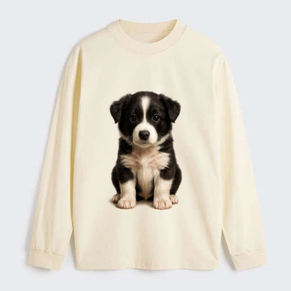 Baby Border Collie Puppy - black and white, intense smart eyes, - Classic Long Sleeve Shirt - Beige