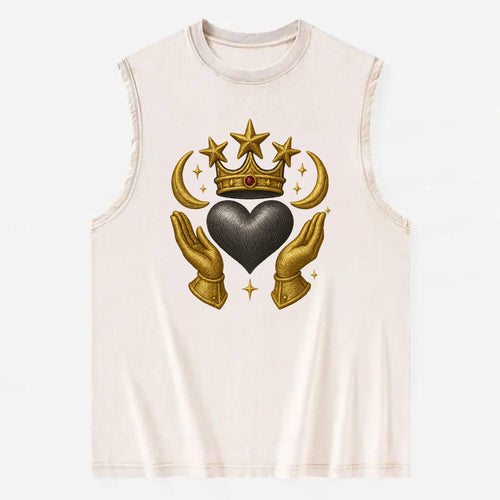 Sun goddess crown radiating golden rays over a midnight heart with - Vintage Washed Tank