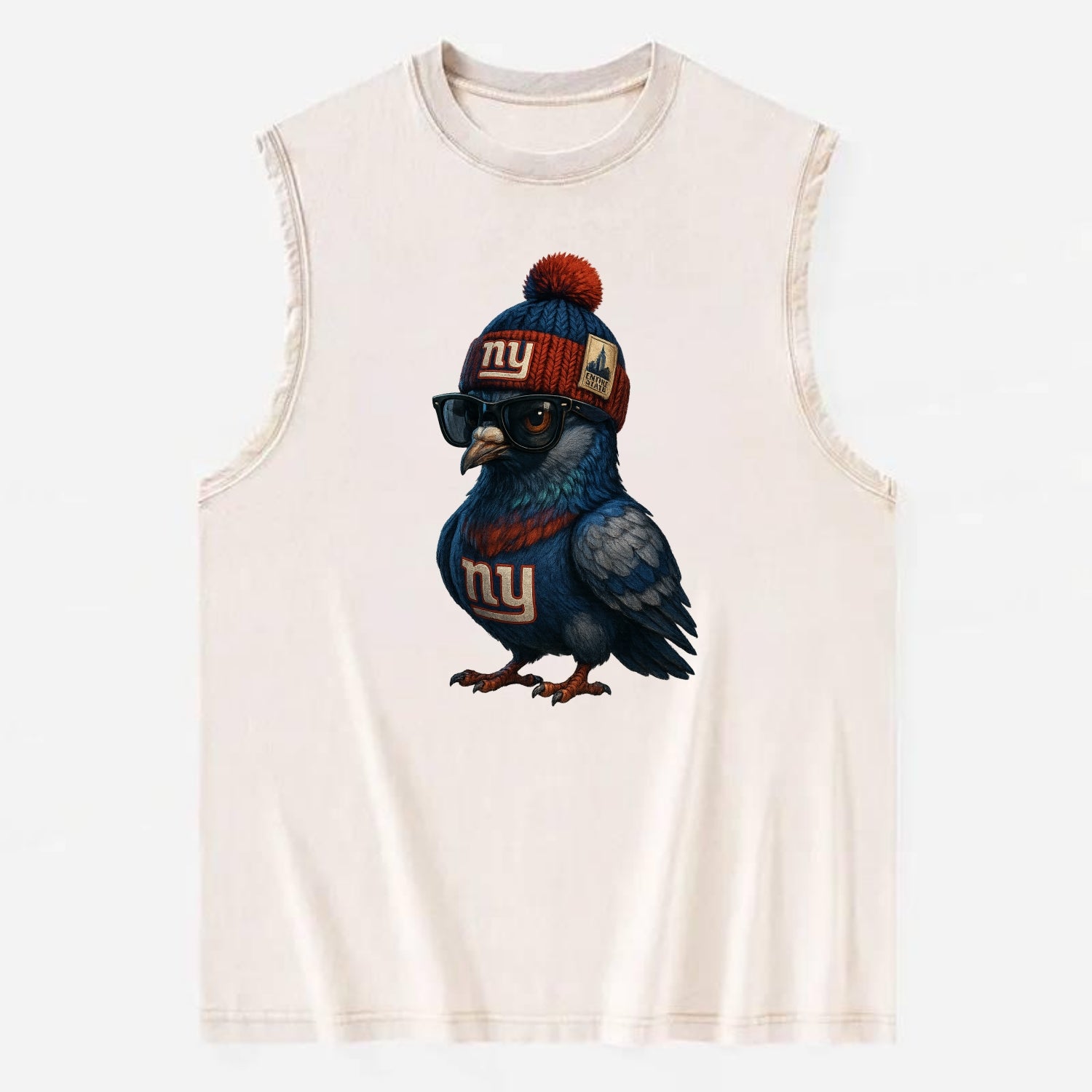 Manhattan Pigeon wearing Giants beanie with Empire State patch and wayfarer - Vintage Washed Tank - Beige