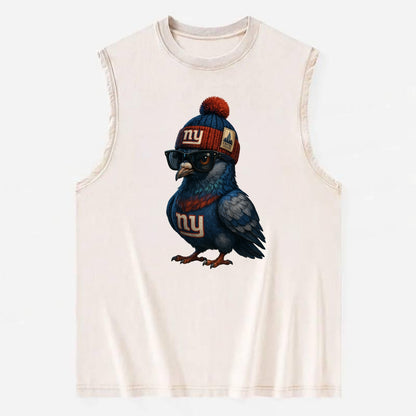Manhattan Pigeon wearing Giants beanie with Empire State patch and wayfarer - Vintage Washed Tank - Beige