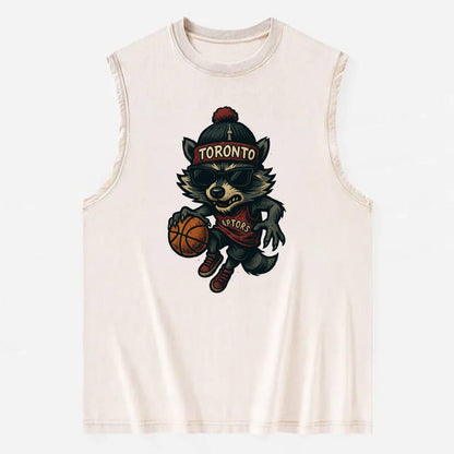 Toronto Raccoon wearing Raptors beanie with CN Tower patch and wayfarer - Vintage Washed Tank - Beige