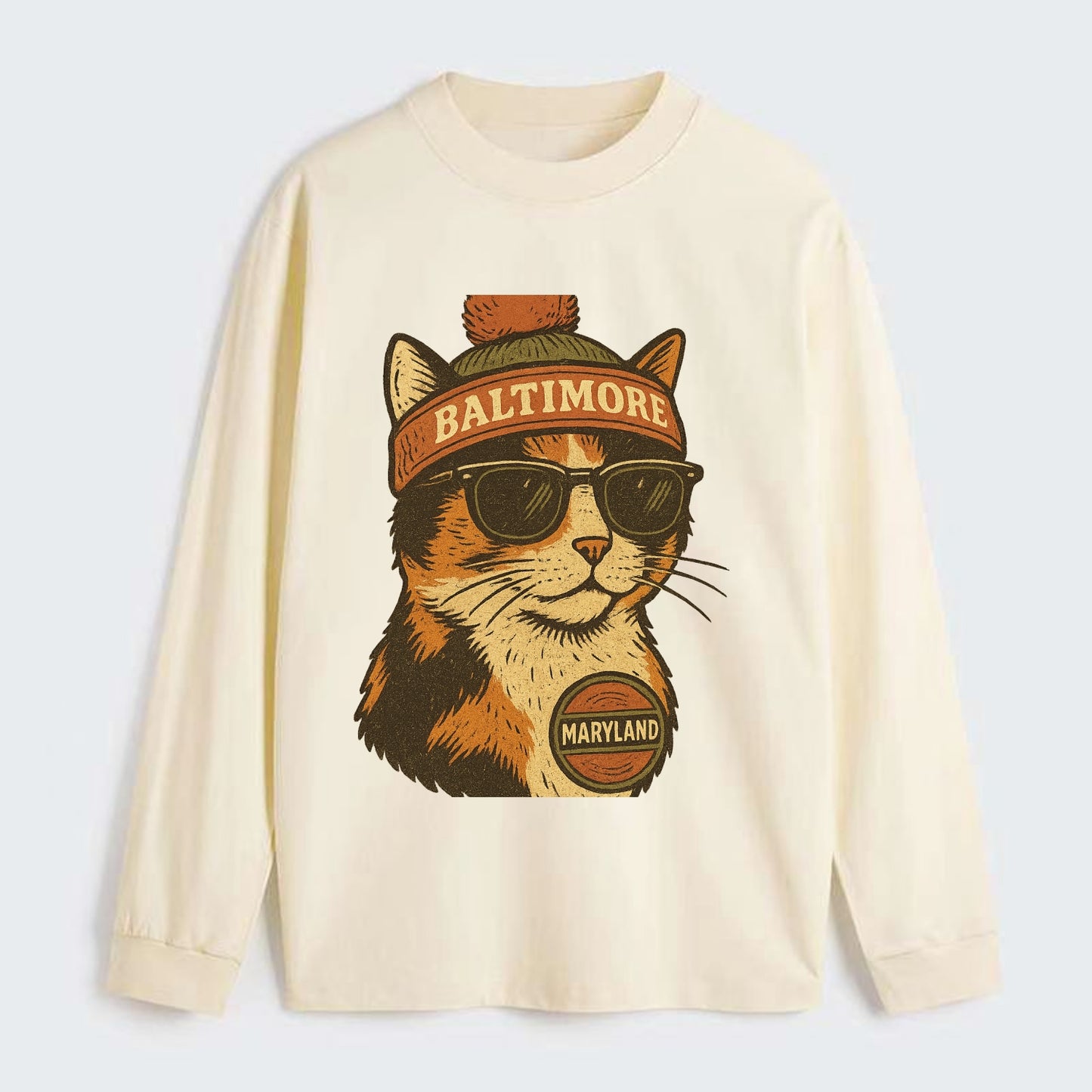 Maryland Calico Cat wearing Baltimore beanie with pom pom and wayfarer - Classic Long Sleeve Shirt - Beige