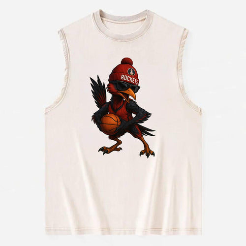 Houston Roadrunner wearing Rockets beanie with launch pad patch and wayfarer - Vintage Washed Tank