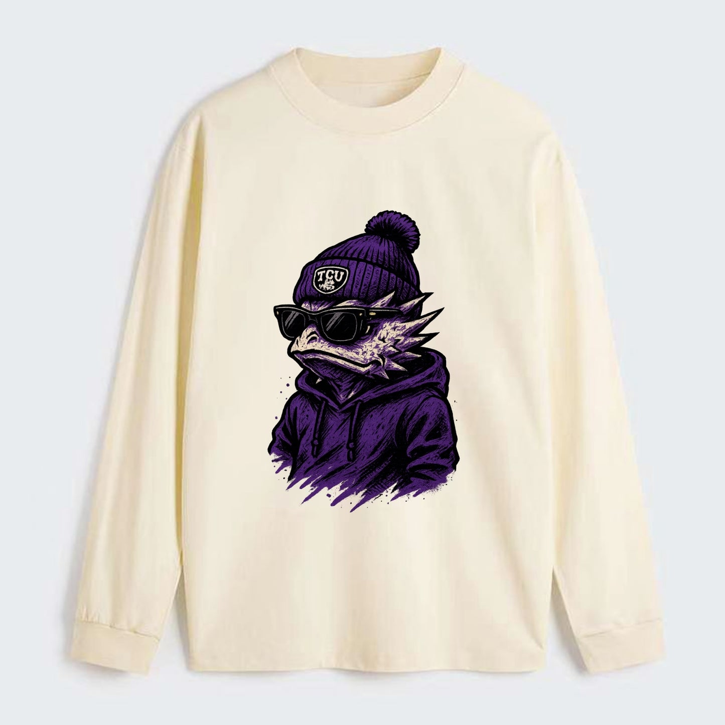 Fort Worth Horned Frog wearing TCU beanie with frog patch - Classic Long Sleeve Shirt - Beige