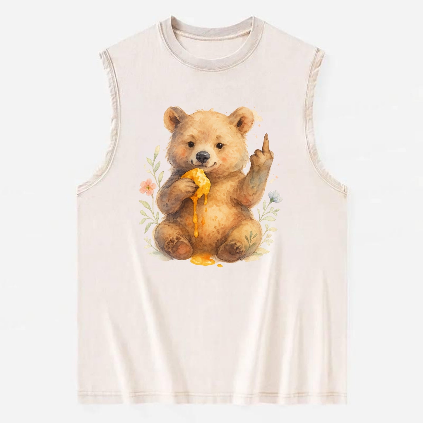 chubby bear cub eating dripping honey, sticky paw up with middle finger - Vintage Washed Tank - Beige