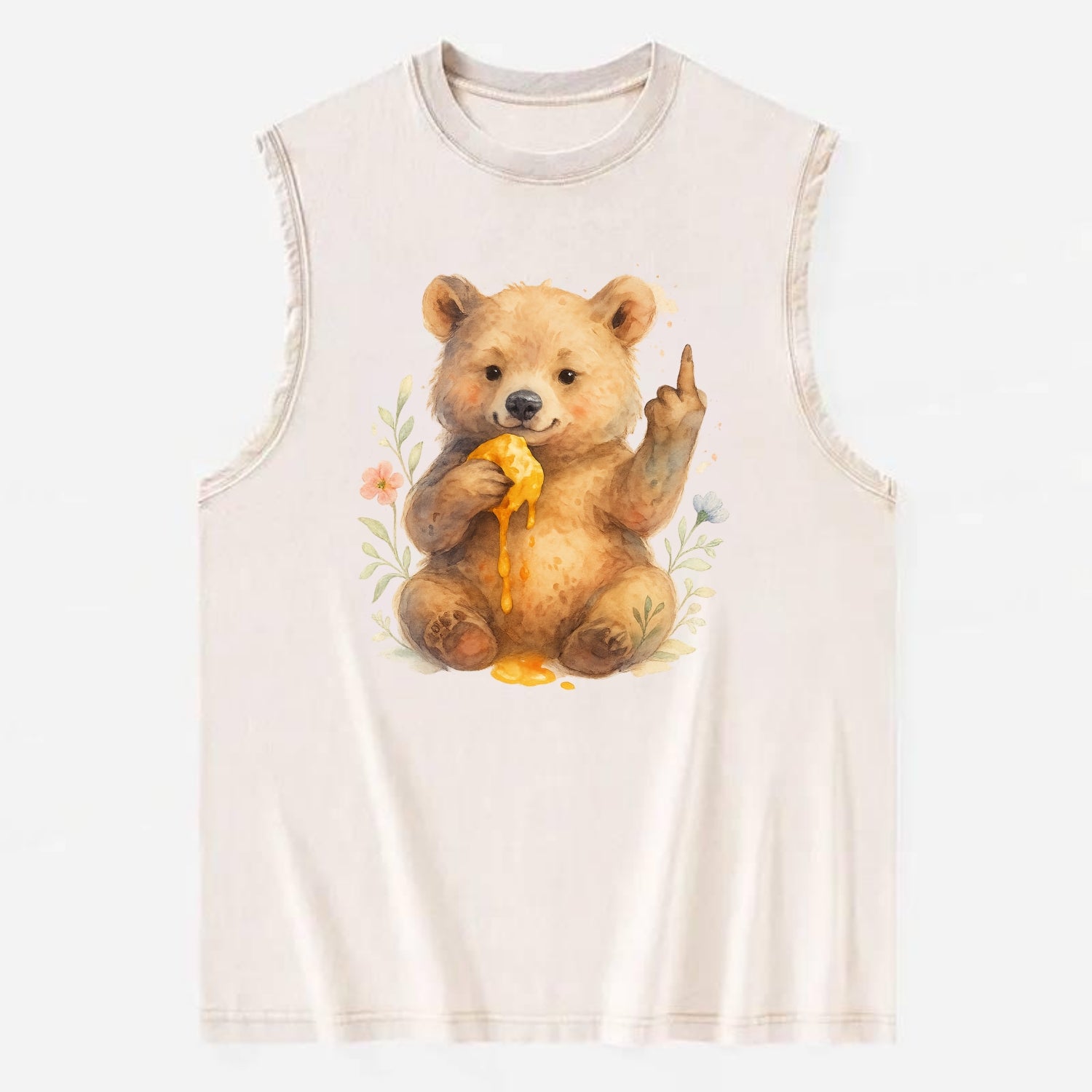 chubby bear cub eating dripping honey, sticky paw up with middle finger - Vintage Washed Tank - Beige