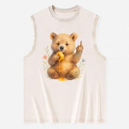 chubby bear cub eating dripping honey, sticky paw up with middle finger - Vintage Washed Tank - Beige